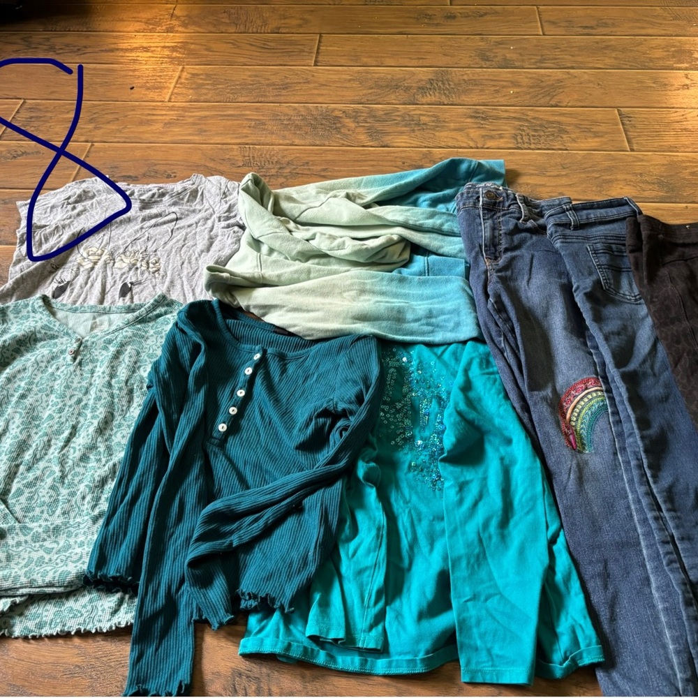 Teal and Blue Long Sleeve Tops and Jeans Set